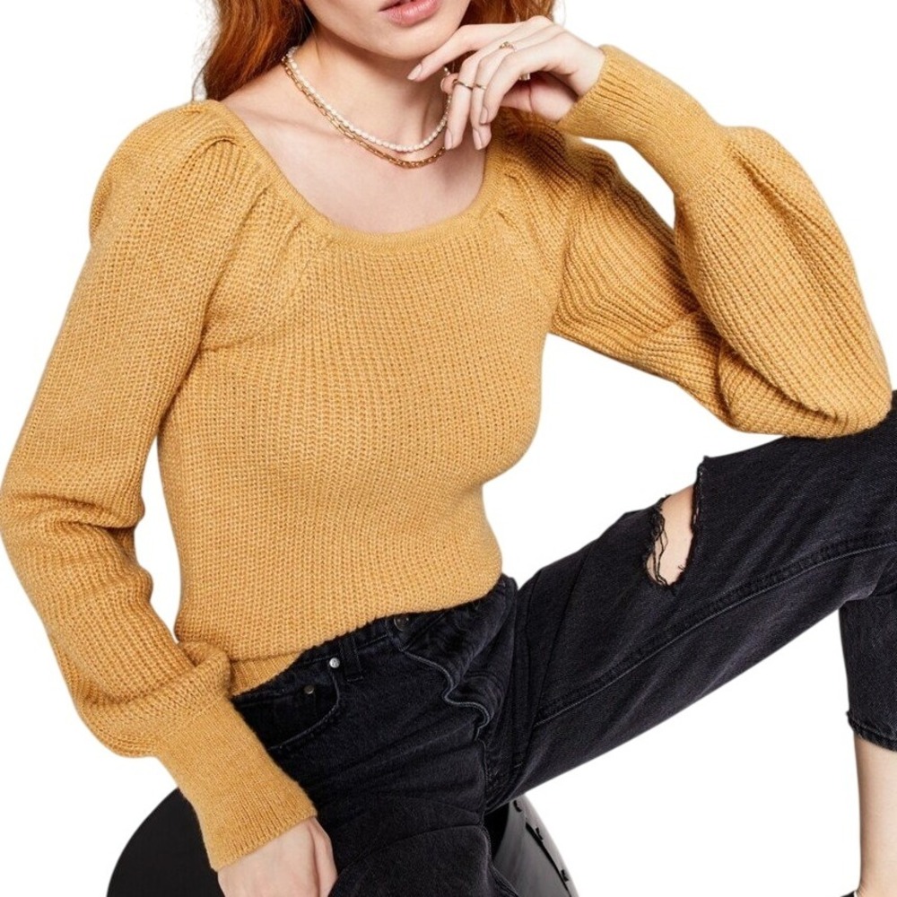 AND‎ NOW THIS Womens Square Neck Puff Sleeve knit Sweater Mustard Yellow tan xl